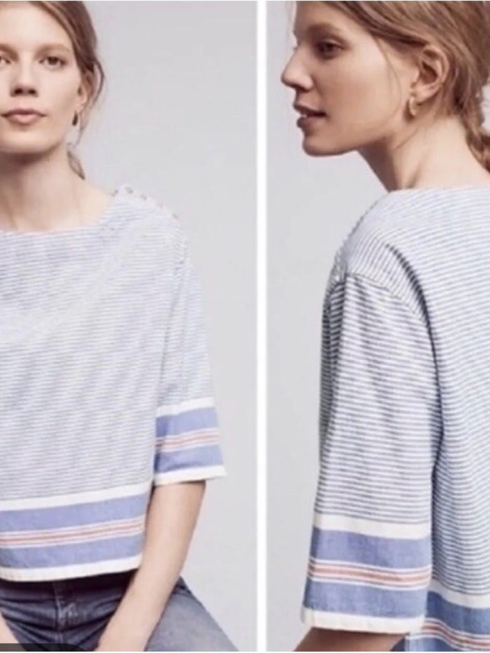 Maeve Blue and White Striped Boat Neck 3/4 Sleeve Top